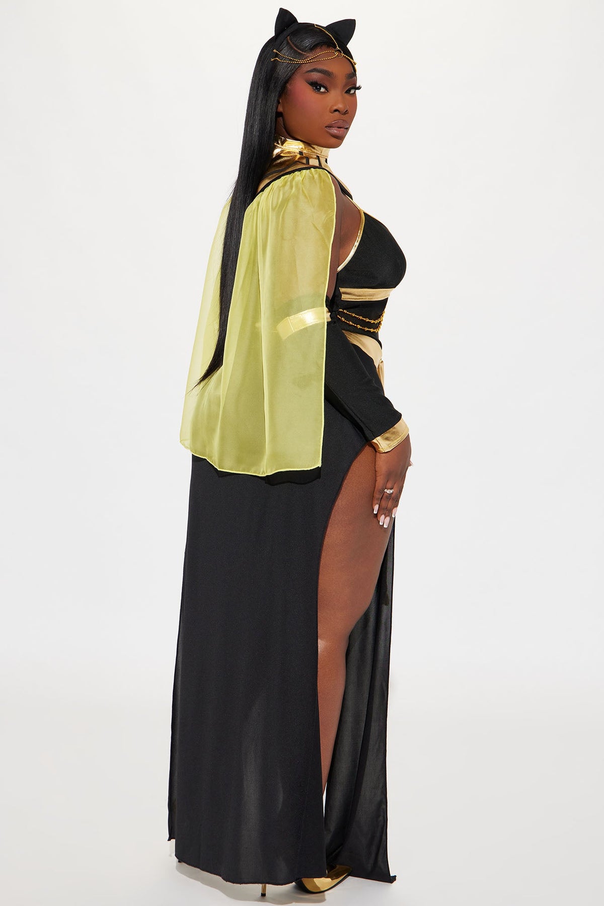 Nile Queen Costume Set in Black and Gold with Sheer Slit Dress, Cape, Headpiece, and Choker