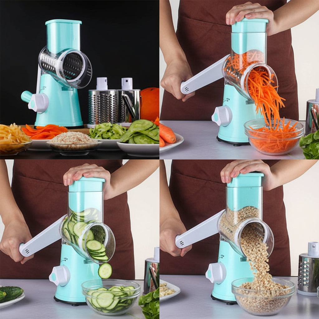Rotary Vegetable Grater with Hand Crank and Three Interchangeable Blades