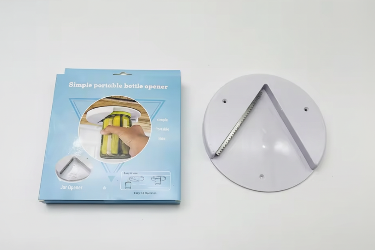 Under Cabinet Jar Opener with V-Shaped Grip and Mounting Hardware