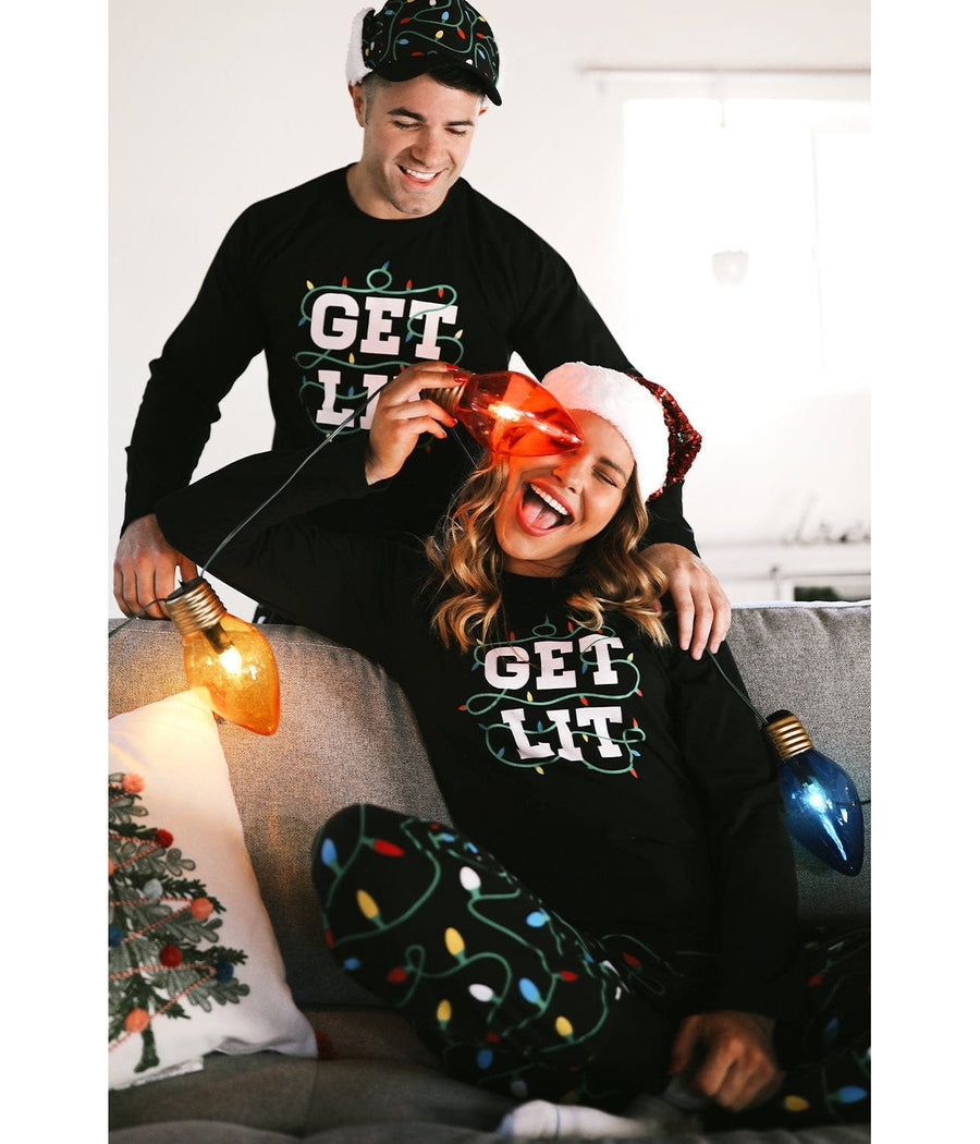 Mens Long Sleeve Holiday Pajama Set with Get Lit Text and Christmas Tree Graphic