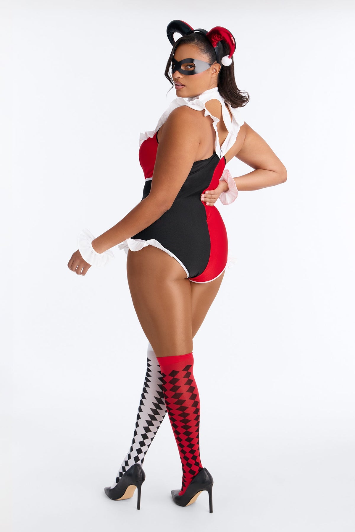 Six Piece Red Romper Costume Set with Ruffle Cuffs, Mask, and Thigh Highs