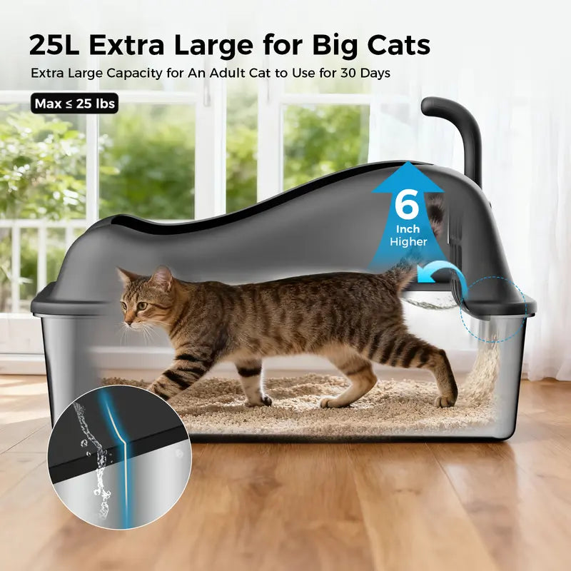 Stainless Steel Cat Litter Box | Extra Large 100L Enclosed Litter Box with Smart Odor Control, Auto Pause Sensor, 180° Flip Lid for Easy Cleaning, Anti-Leak High Walls, Step Mat & Scoop | Ideal for Multiple Cats allveramart