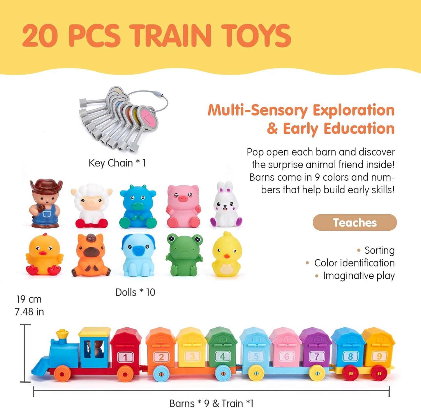 Wooden Train Set with Numbered Carts and Farm Animals for Toddler Counting and Sorting