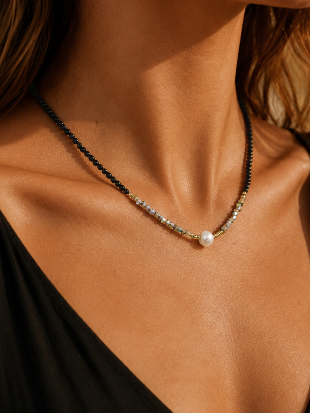 Black Beaded Choker Necklace with Single Pearl Accent, 16.9 Inches Long