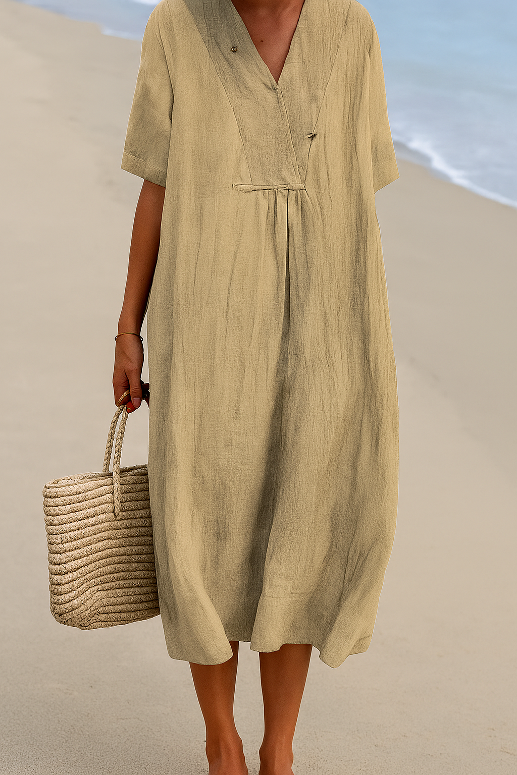 Lightweight Beach Dress with V-Neck and Polyester Blend, Short Sleeves