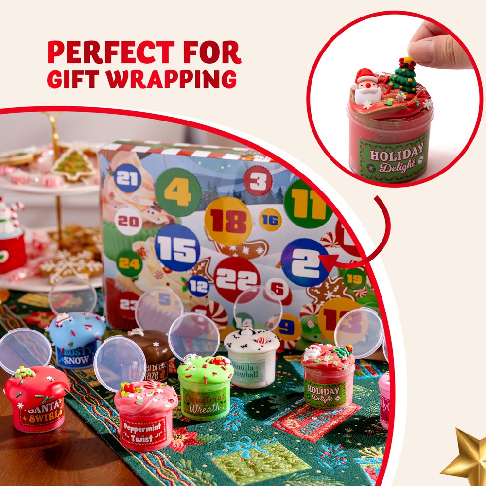Slime Advent Box with 8 Jars and 16 Add on Packs of Charms and Sprinkles for Holiday Mixing