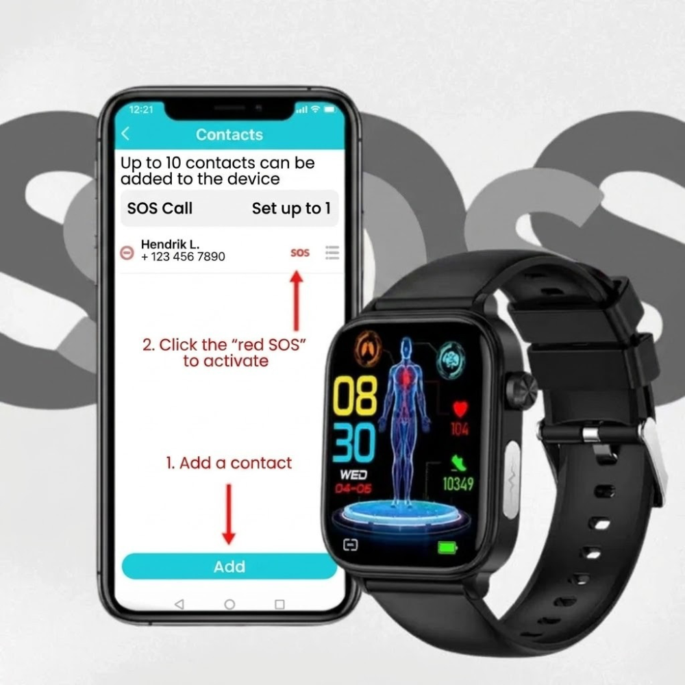 Smartwatch with SOS Alarm, Fall Detection, Heart Rate and Oxygen Tracking, Bluetooth, Water Resistant