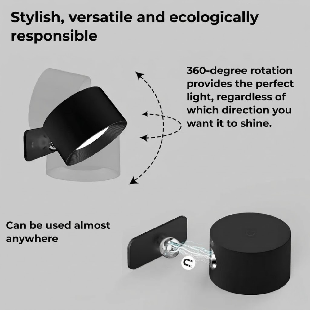 Wireless 360 Degree Wall Lamp, Dimmable LED Rechargeable Lighting