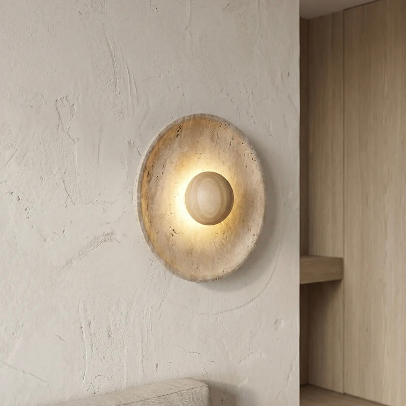 Travertine and Wood Wall Light with Warm LED Glow for Indoor Decor