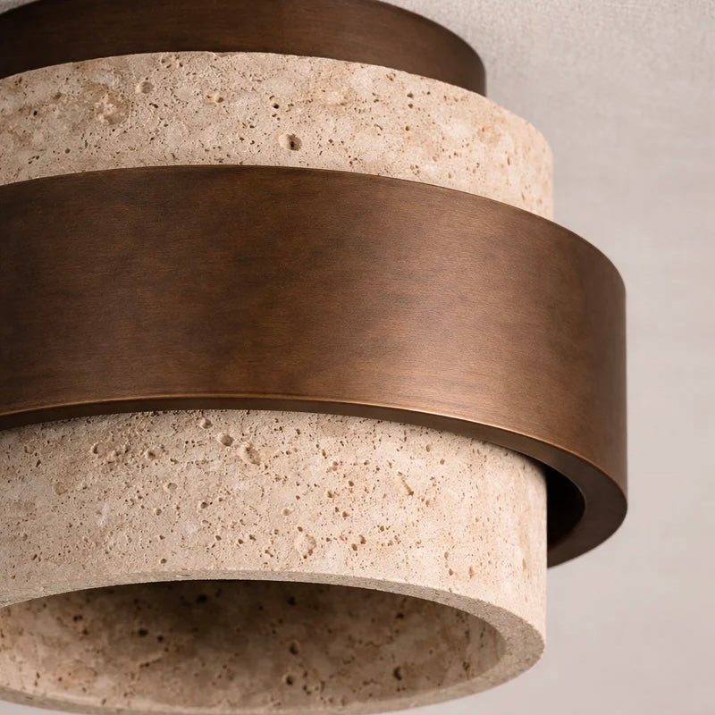 Travertine and Wood Ceiling Light with Compact Double Diffusion Design