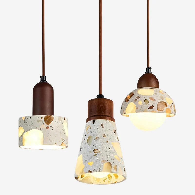 Terrazzo and Wood Pendant Light with Adjustable Ceiling Cable