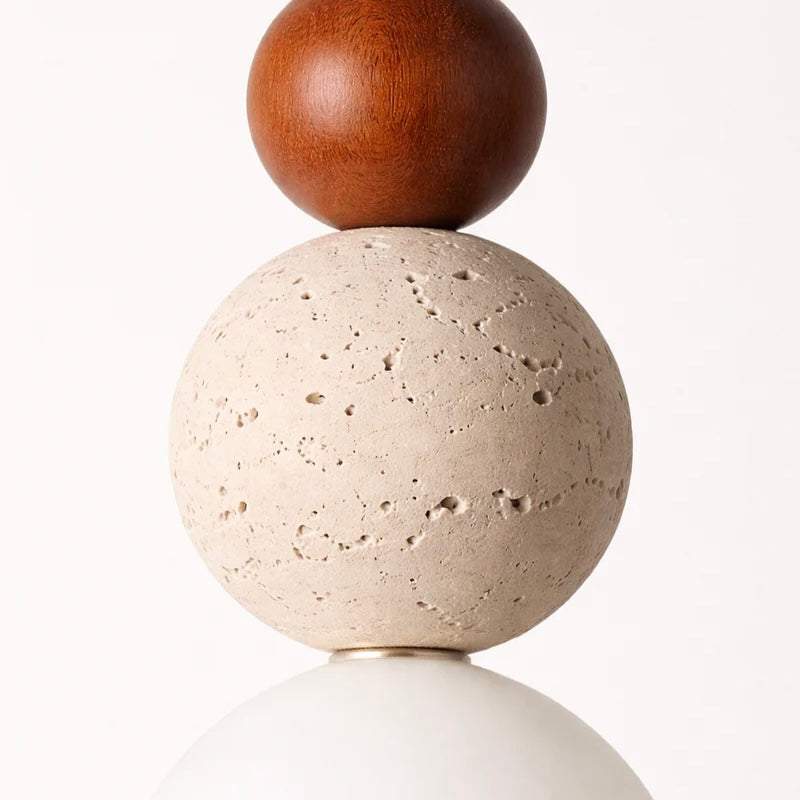 Sculptural Suspension Light with Wood, Stone, and Frosted Glass