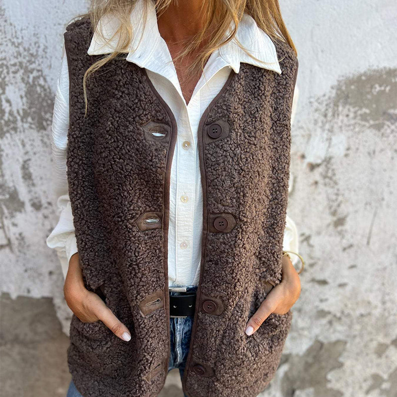 Wool Blend Winter Vest with Button Front for Women, Brown