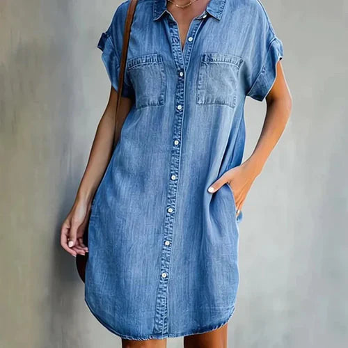 Denim Style Shirt Dress with Button Front and Pockets for Women