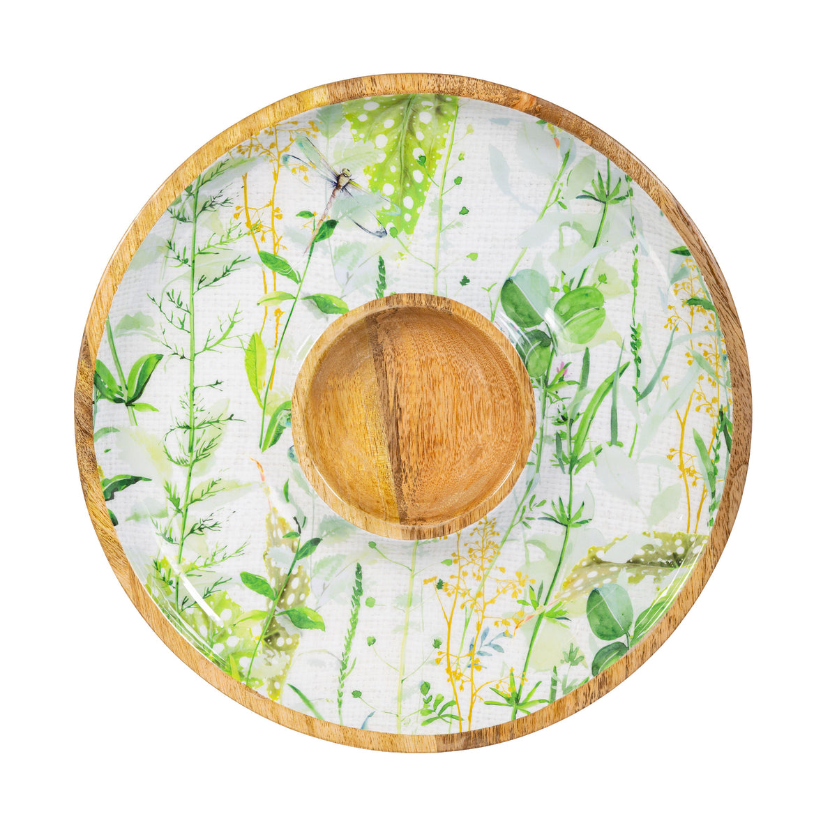 Round Chip and Dip Platter with Center Well and Veranda Garden Pattern, 13.5 Inch