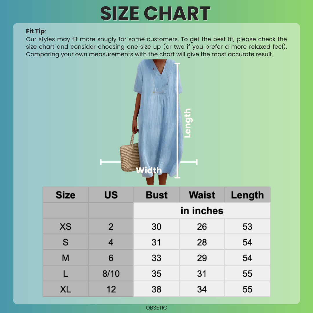 Linen Midi Dress with V-Neck and Loose Fit, Short Sleeves
