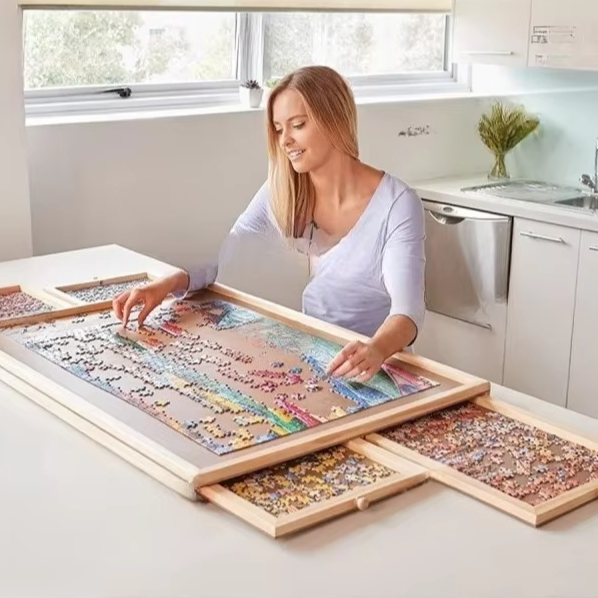 Wooden Puzzle Table with Side Drawers and Auxiliary Board for Puzzles Up to 1500 Pieces