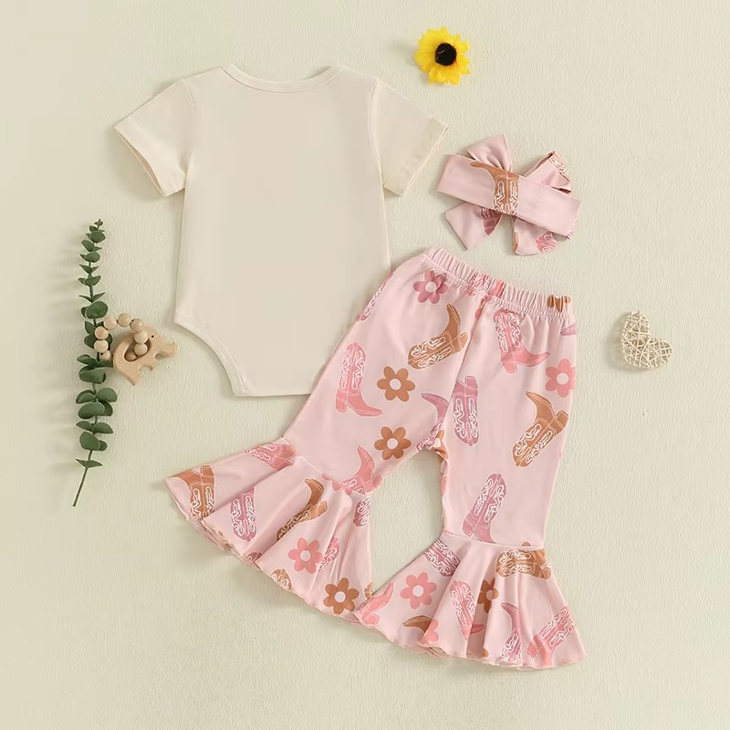 Infant Western Outfit Set with Floral Flare Pants and Matching Bow Headband
