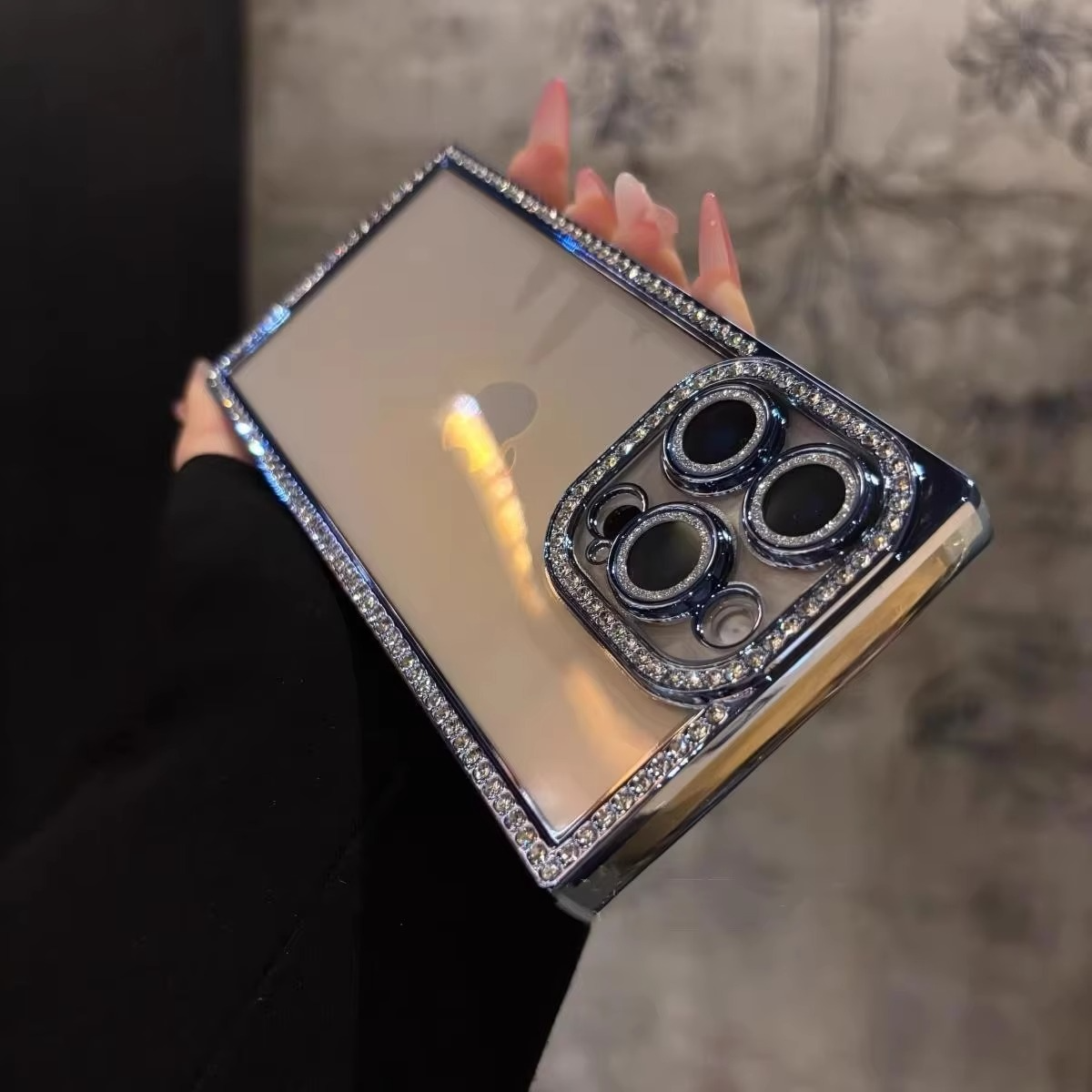 Rhinestone iPhone Case with Clear Silicone Bumper and Square Frame Design
