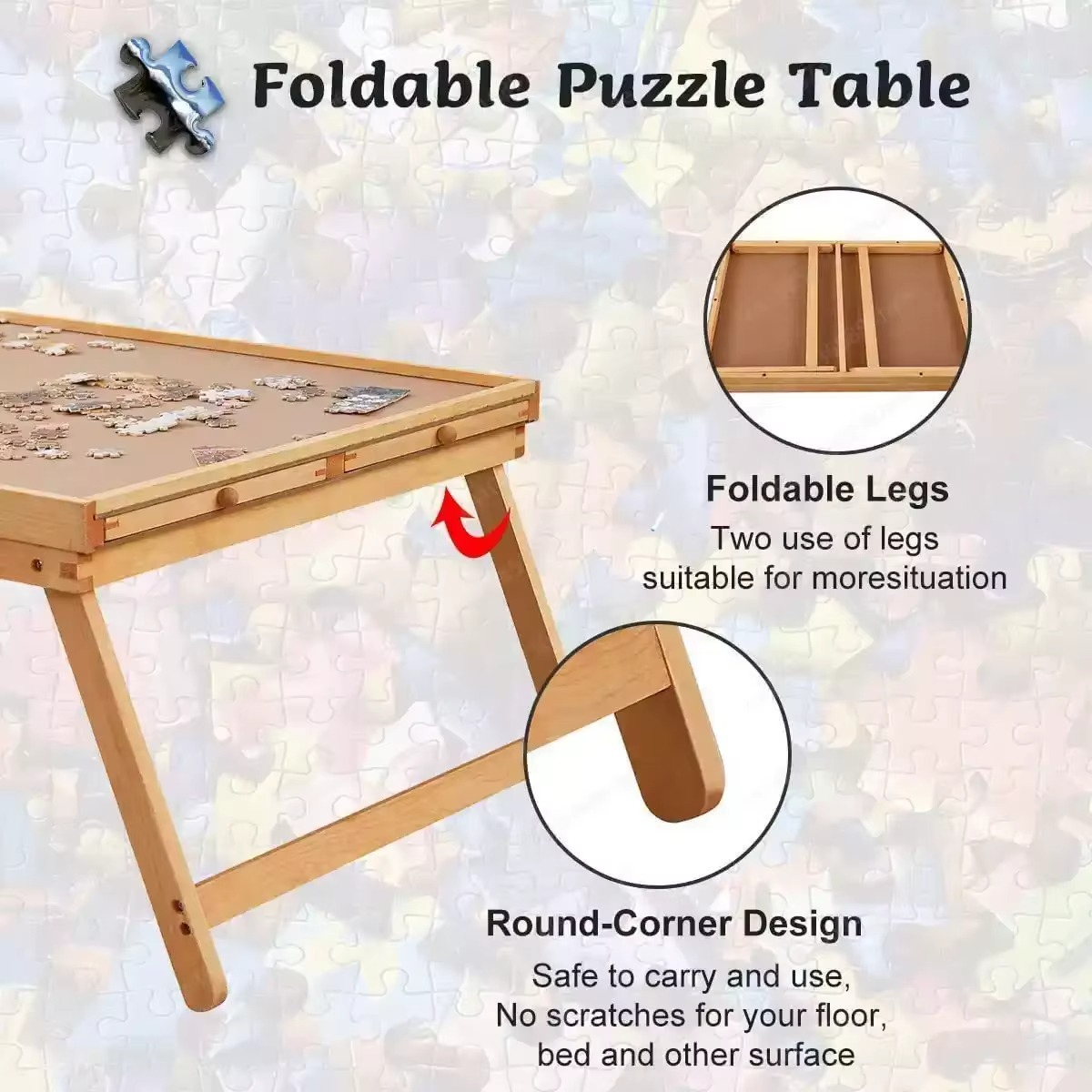 Folding Wooden Puzzle Table with Four Storage Drawers for Puzzles Up to 1500 Pieces