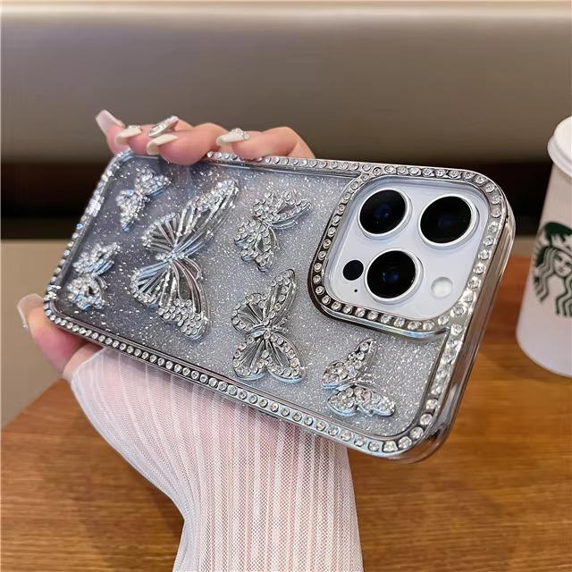 Glitter Butterfly Phone Case with Rhinestone Design and Shock Absorbent Frame