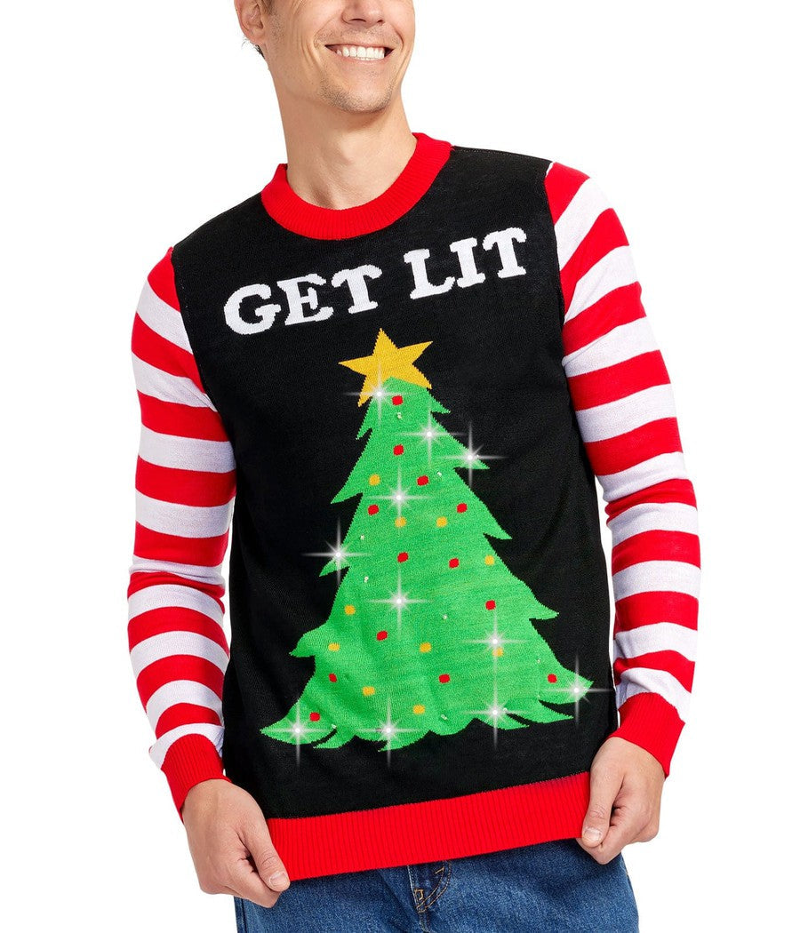 Christmas Tree Sweater for Men with LED Lights and Candy Cane Sleeves for Holiday Parties
