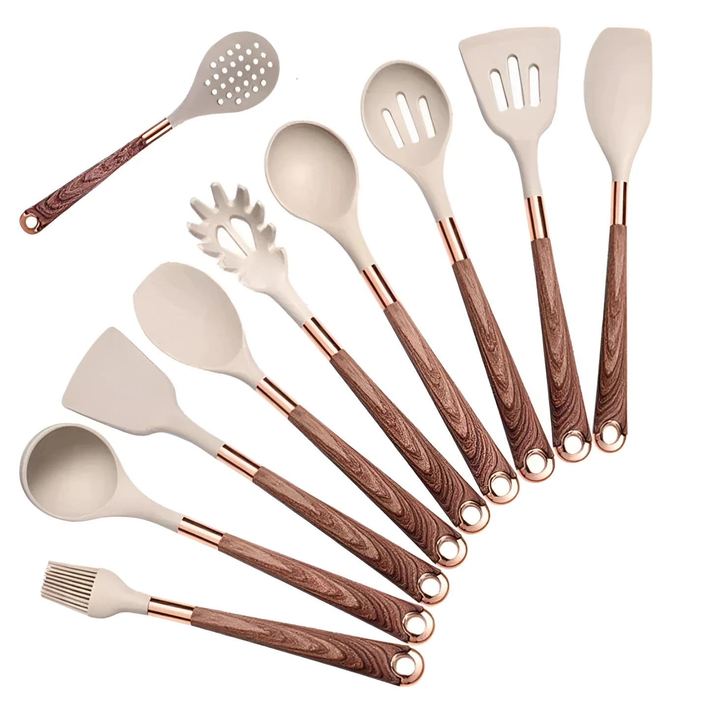 Silicone Kitchen Utensils Set with Wooden Handles and Copper Accents, 10-Piece