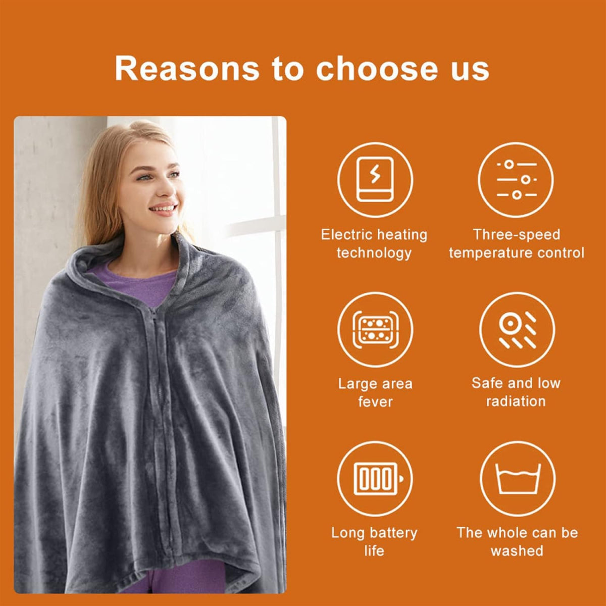 Portable Heated Shawl with Rapid Heating and Zipper Closure, Machine Washable