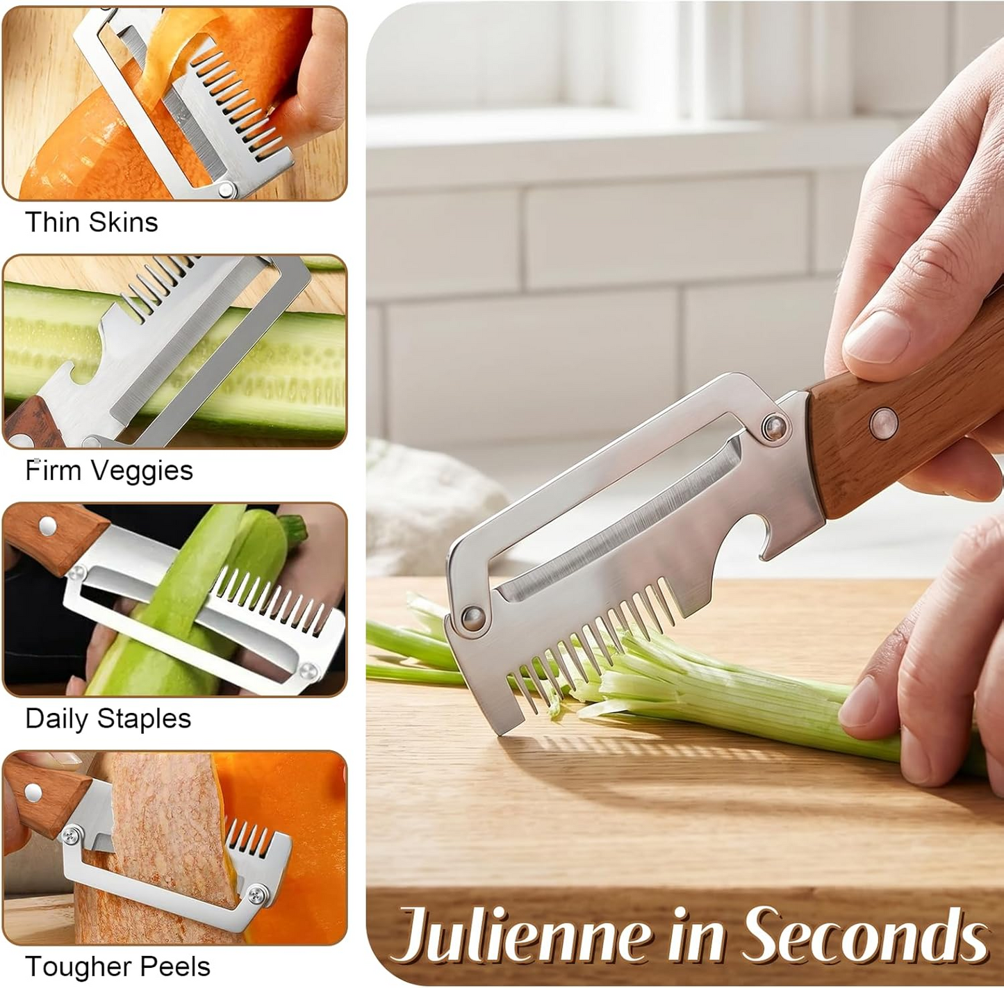2026 Upgrade Vegetable Peeler With Wooden Handle, Stainless Steel Wide Blade Potato and Carrot Peeler, 3-in-1 Veggie Peeler With Scallion Shredder and Bottle Opener for Kitchen, Camping and Trave allveramart