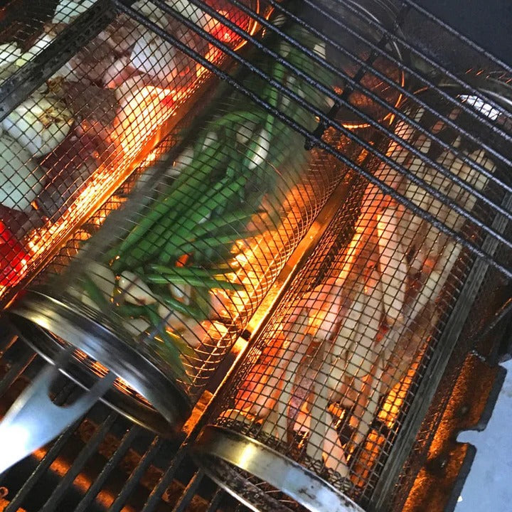 Stainless Steel Rolling Grill Basket with 360 Degree Rotation