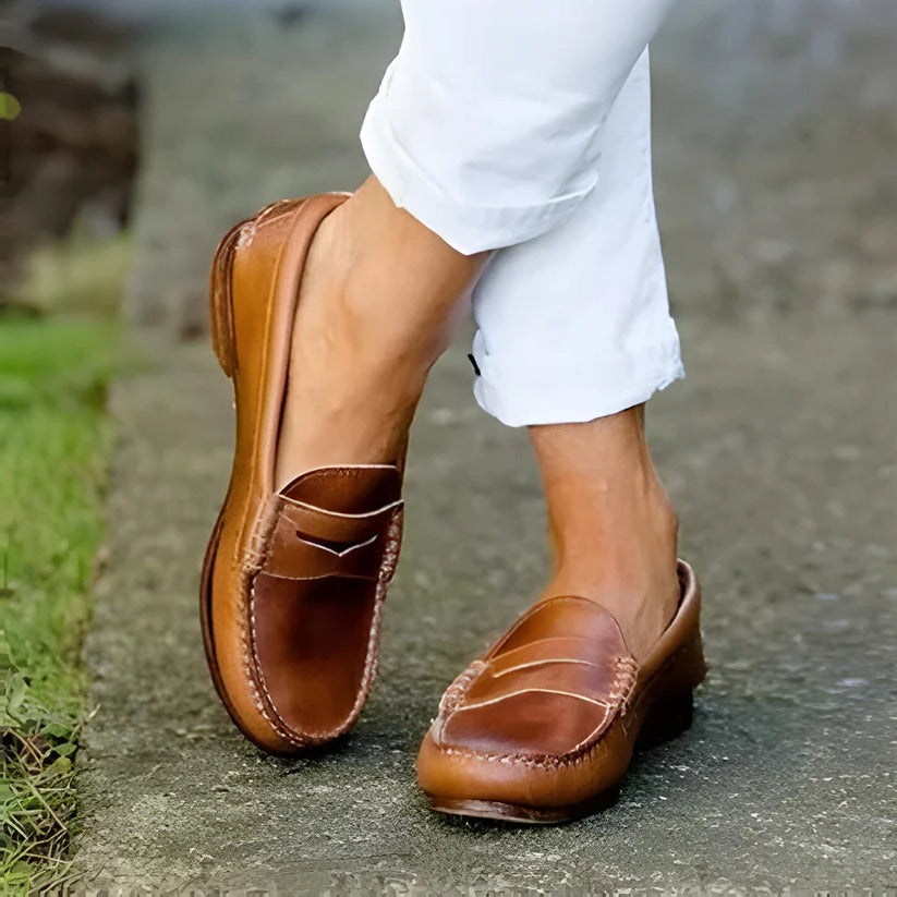 PU Leather Womens Slip On Loafers with Vintage Style Low Heel