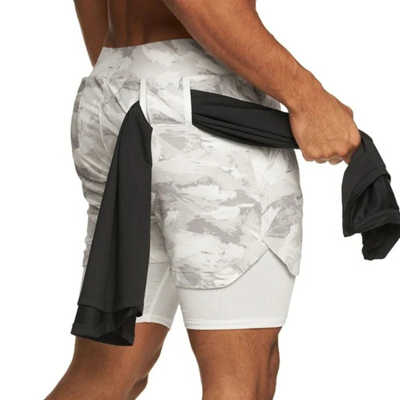 2 in 1 Camo Athletic Shorts with Inner Compression Layer for Men