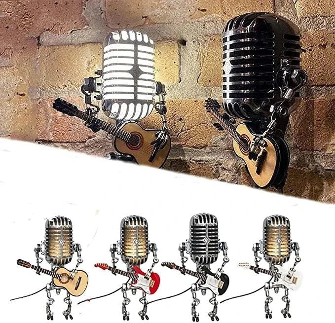 Vintage Robot Lamp with Metal Microphone and Guitar