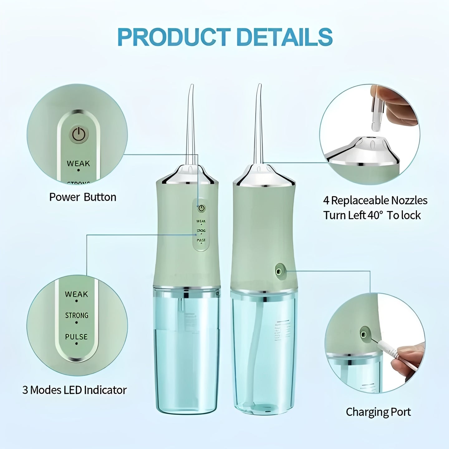 Portable Water Flosser with Removable Tank and 4 Nozzles