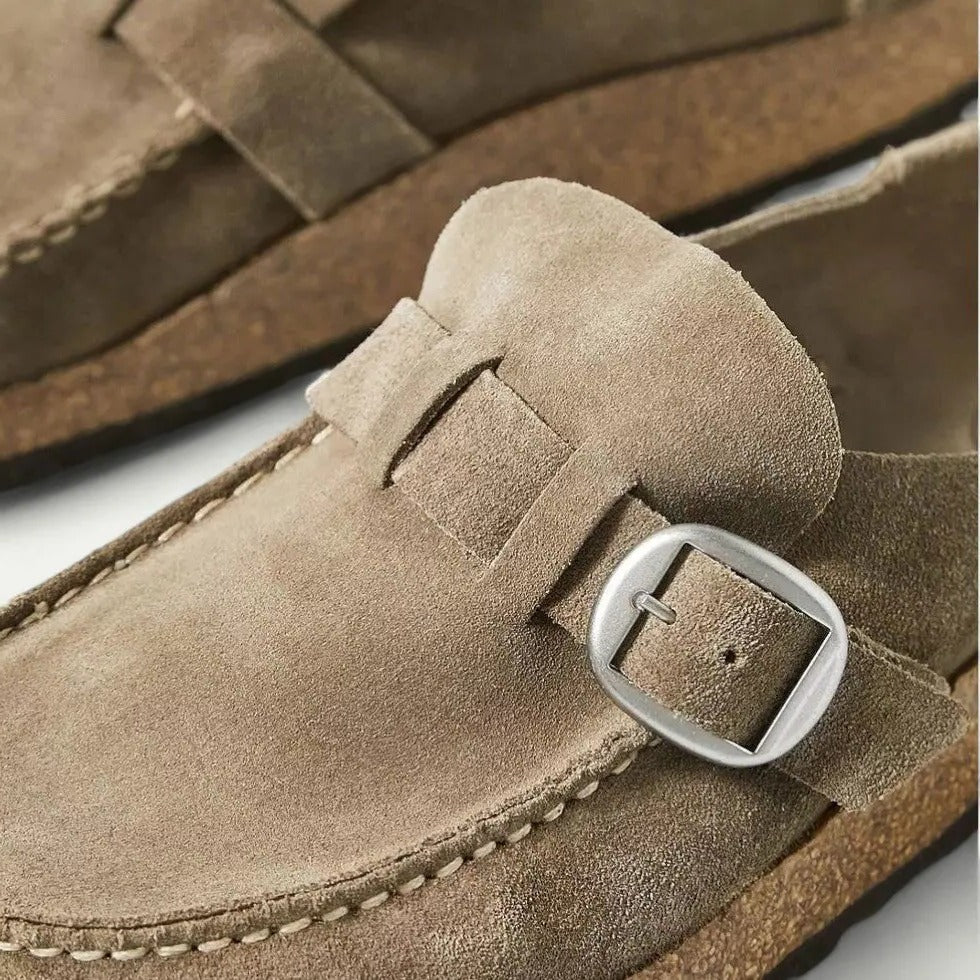 Womens Suede Slip-On Mules with Adjustable Buckle Strap Detail