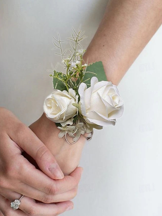 Artificial White Rose Wrist Corsage and Boutonniere Set for Weddings and Formal Events