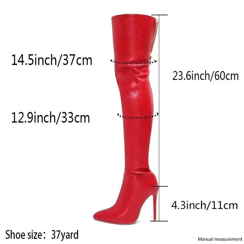 Thigh High Stiletto Boots with Pointed Toe and Synthetic Upper Style
