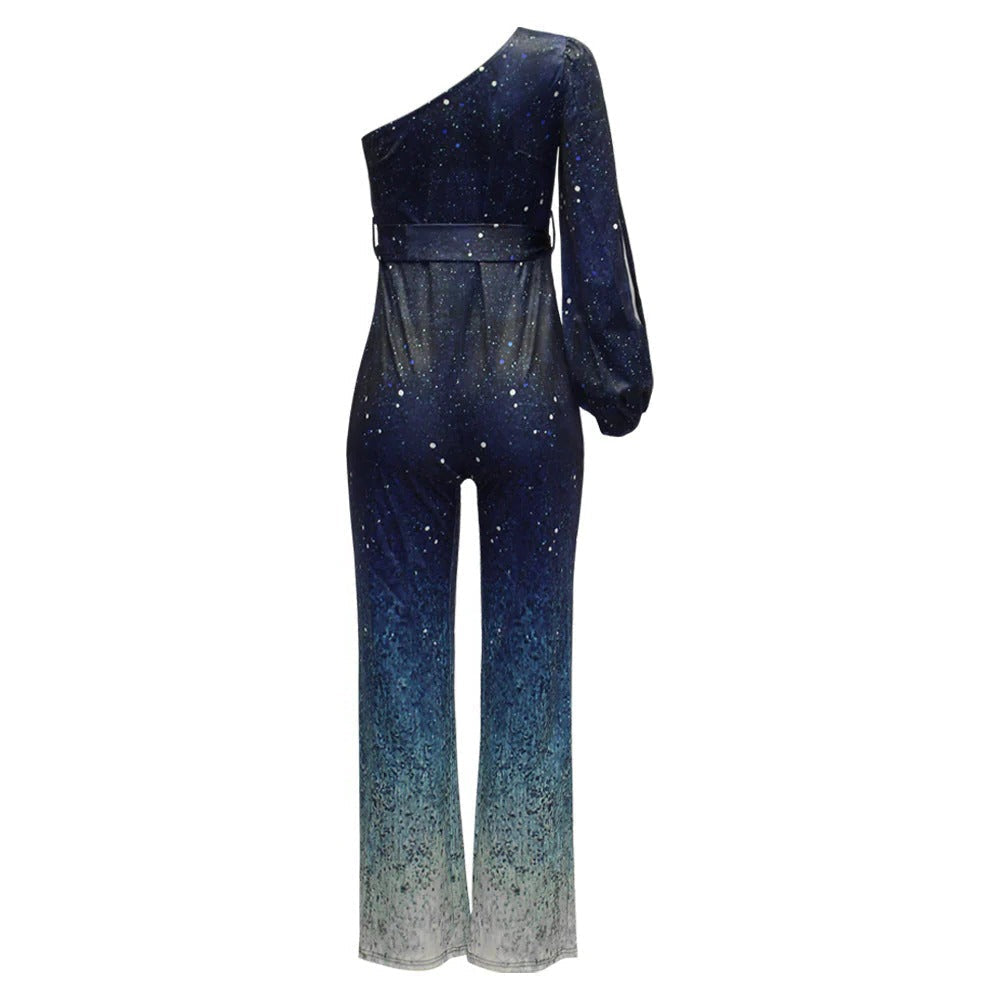 Sequin Jumpsuit with Asymmetric One Shoulder and Adjustable Tie Belt