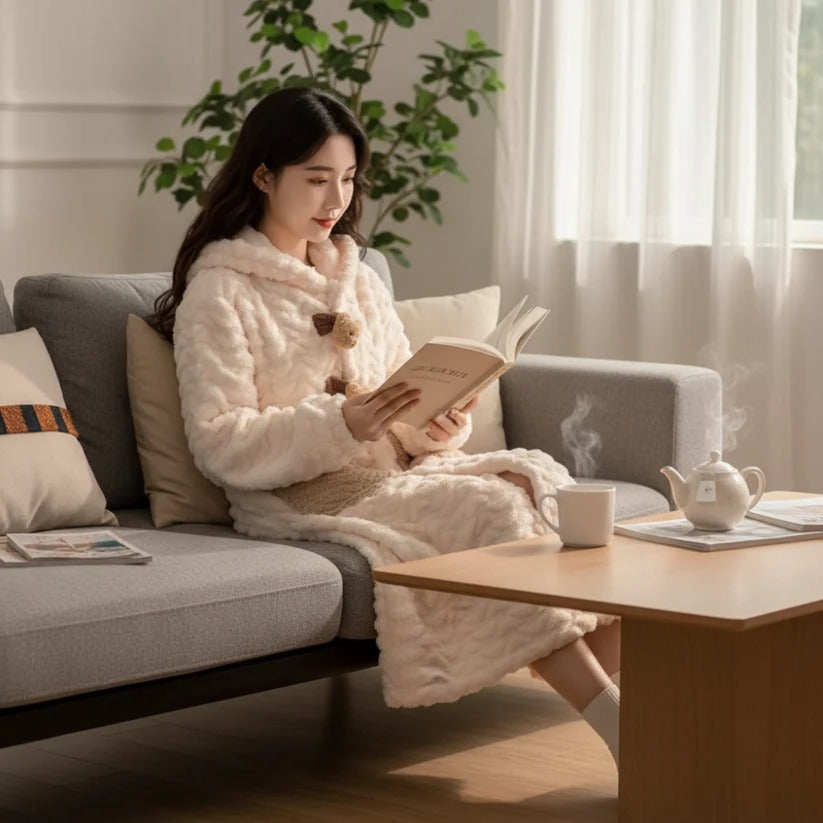 Hooded Long Sleeve Bathrobe for Women, Winter Lounge Wear