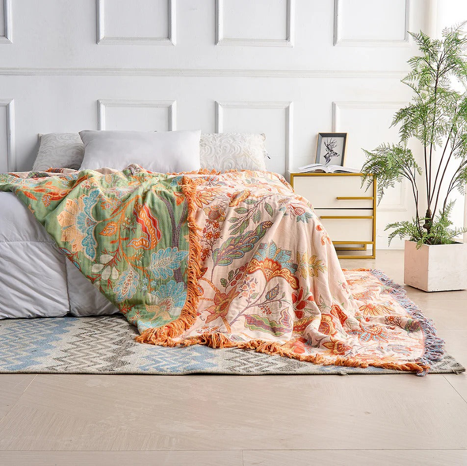 Cotton Floral Throw Blanket with Boho Fringe Design
