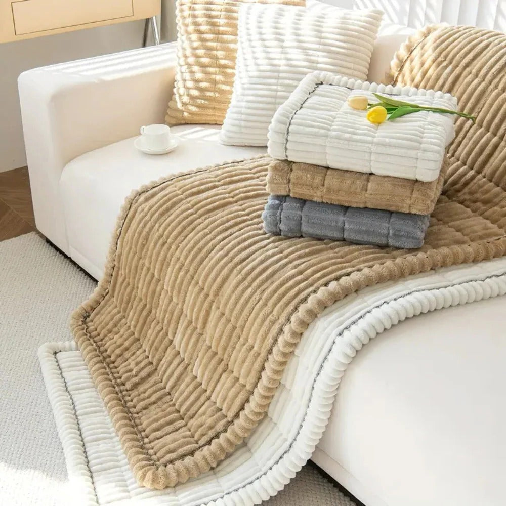 Plush Sofa Cover with Pleated Edges for Furniture Protection Support