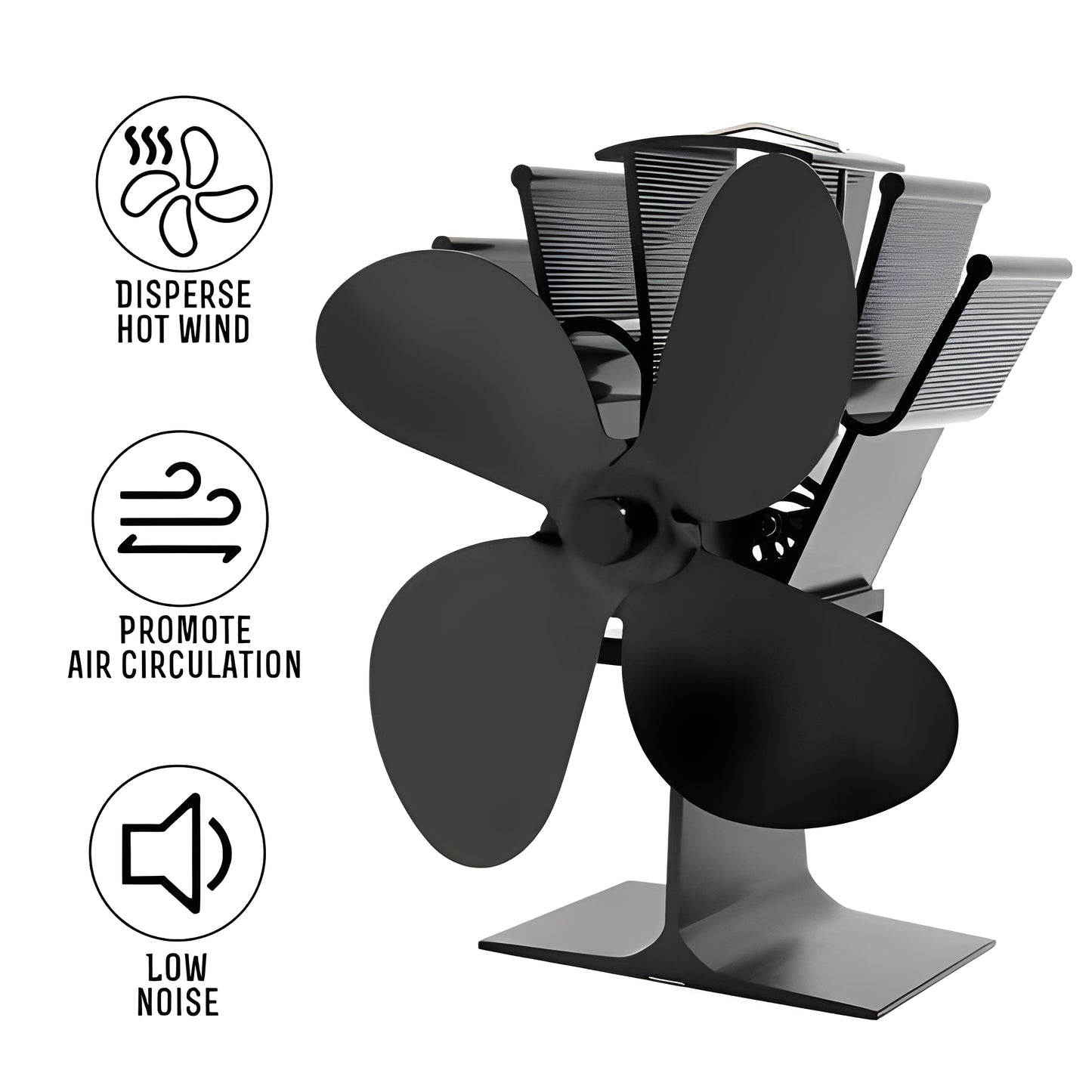 Fireplace Fan with Heat Powered Operation for Heat Distribution Support