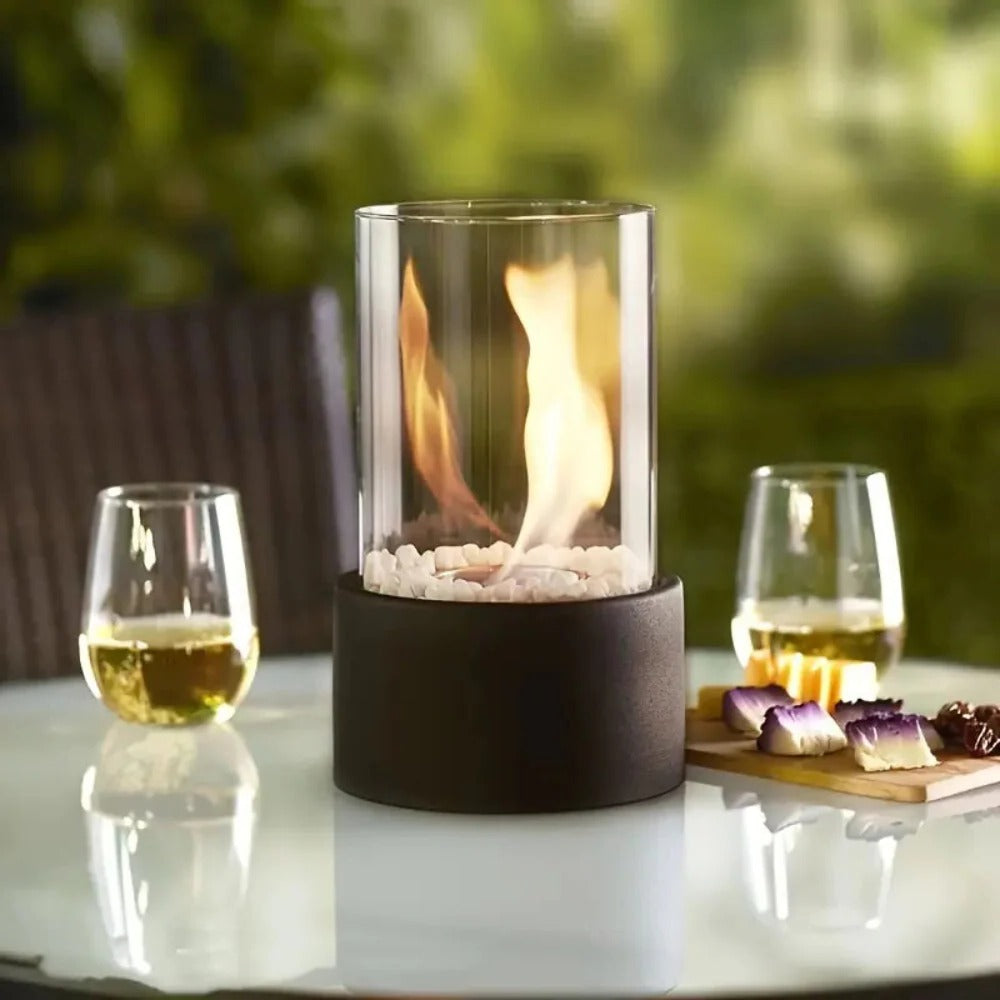 Portable Tabletop Fireplace with Glass and Metal Design for Indoor Use