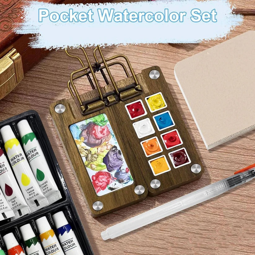 Portable Travel Watercolor Set with Mini Palette, Brush and Sketchbook