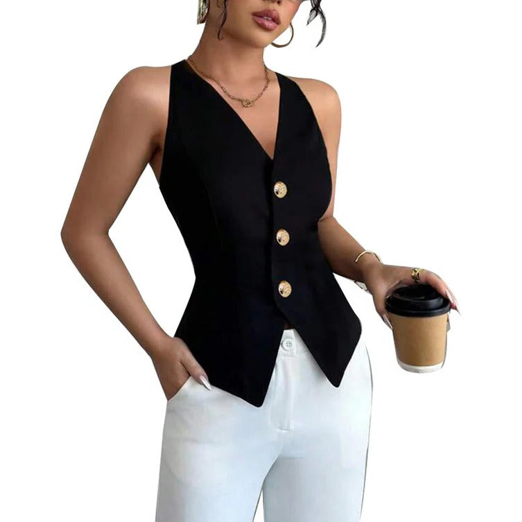 Womens Sleeveless Blazer Vest with Tailored Fit and Button Closure