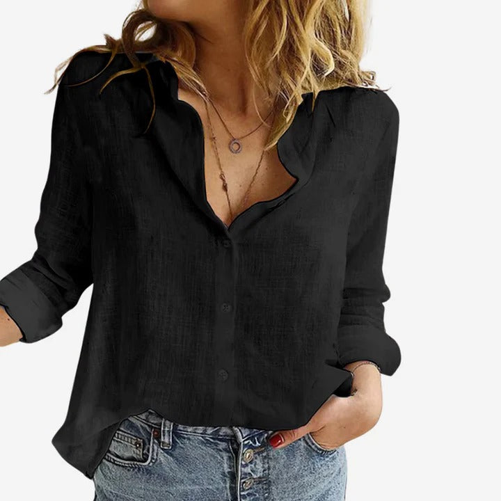 Linen Button Up Shirt with Relaxed Fit and Long Sleeves for Women