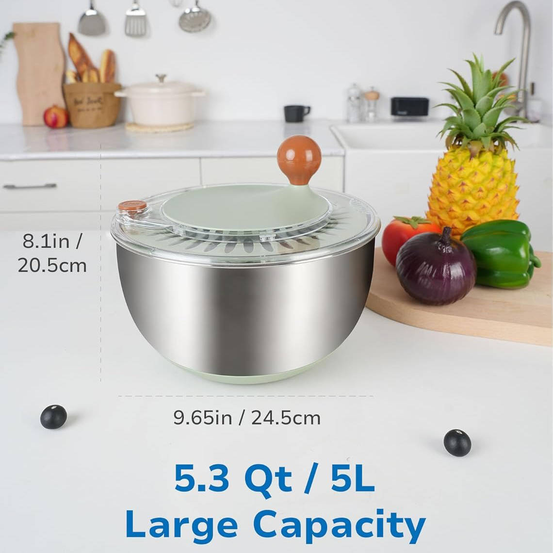 Stainless Steel Salad Spinner with Drain Spout and Non Slip Base Lid