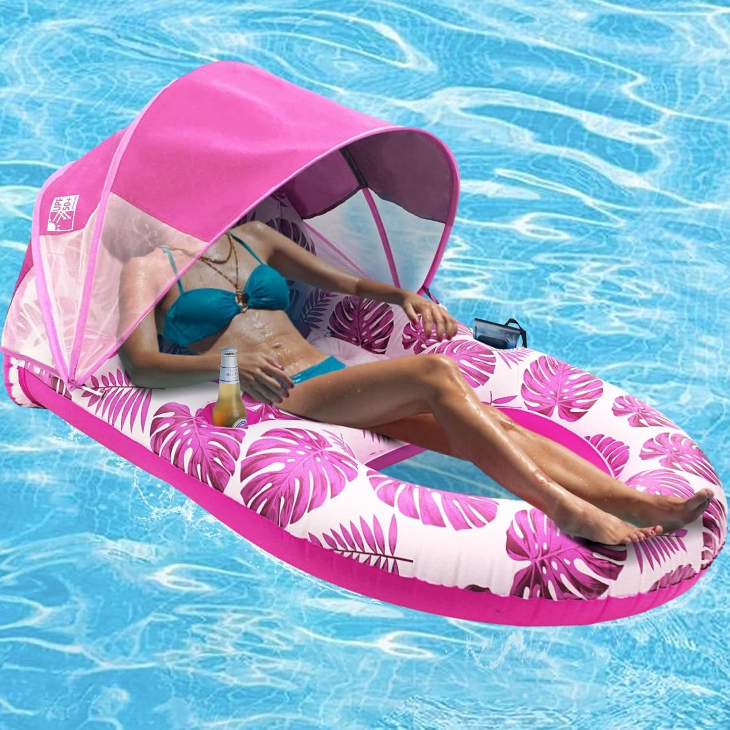 Extra Large Pool Lounge Float with Canopy, Cup and Phone Holders and Backrest Support