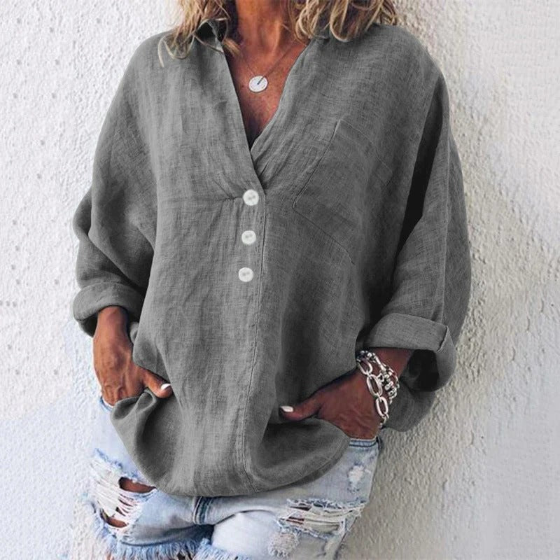 Linen Blend Button Down Blouse with Long Sleeves for Women
