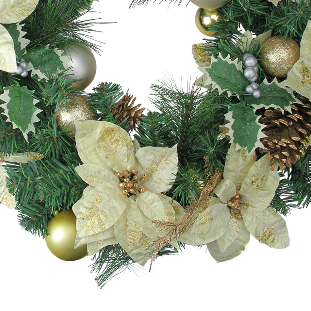 Green and White Pine Wreath with Poinsettias and Gold Ornaments 24 Inch